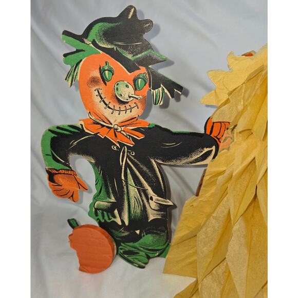 Vintage Beistle Halloween Decoration Scarecrow Haystack Honeycomb 10" 1950s - Picture 16 of 16